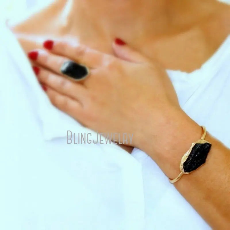 Raw Tourmaline Arm Cuff Bracelet Black Jet Stone Crystal Stainless Steel K Gold Color Bangle for Women Boho Jewelry Accessaries