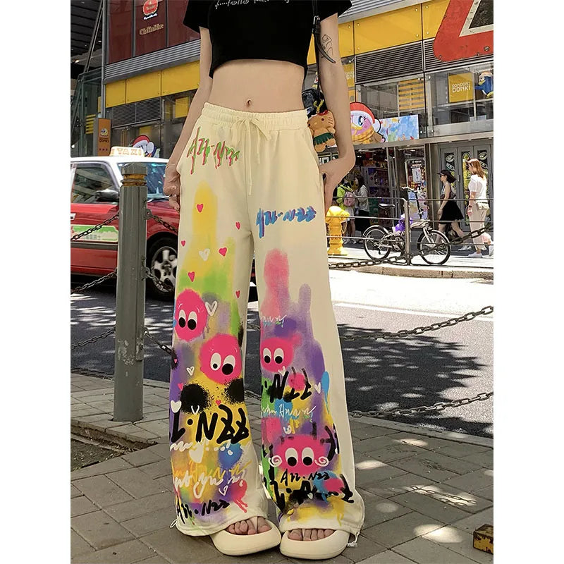 Kawaii Cute Dopamine Graffiti Casual Pants Women Tie Dye Summer Elastic High Waiste Drawstring Pockets Loose Wide Leg Trousers