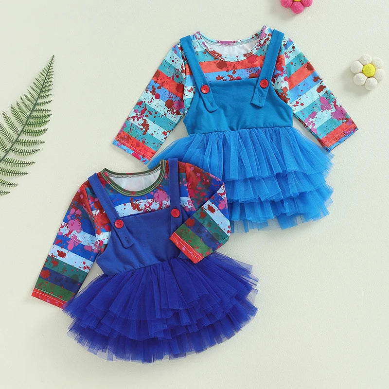 FOCUSNORM 1-5Y Lovely Little Girls Halloween Clothes Sets Bloody Stripe Print Long Sleeve Tops and Lace Tulle Suspender Skirt
