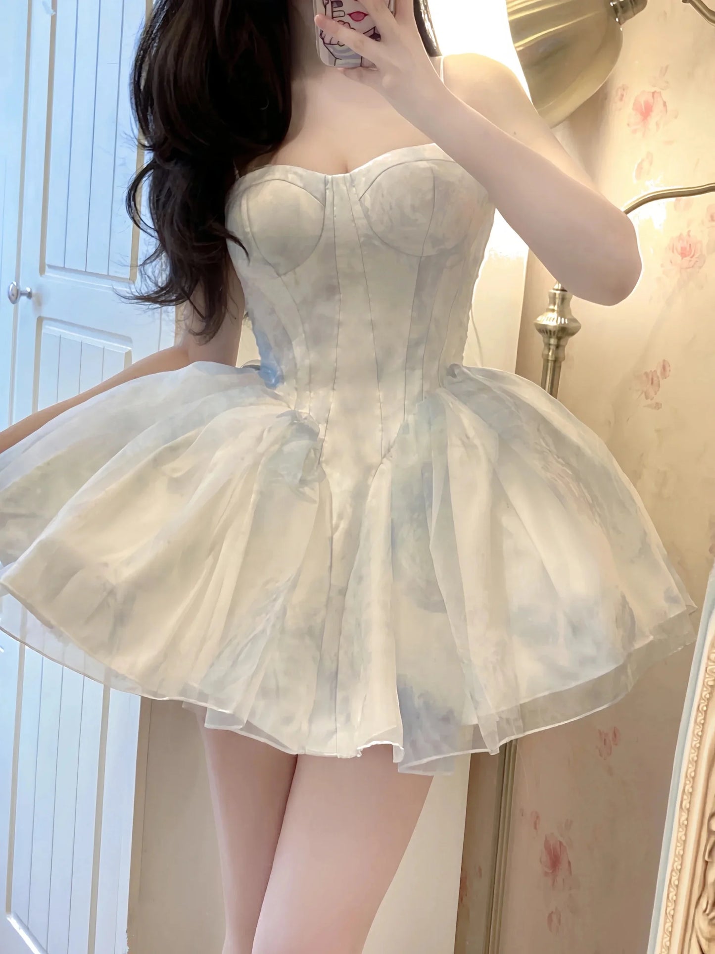 French Style Flower Wedding Dress Lolita Sweet Girl Women Fairy Tube Top Sling Dress with Long Cardigan Birthday Princess Dress