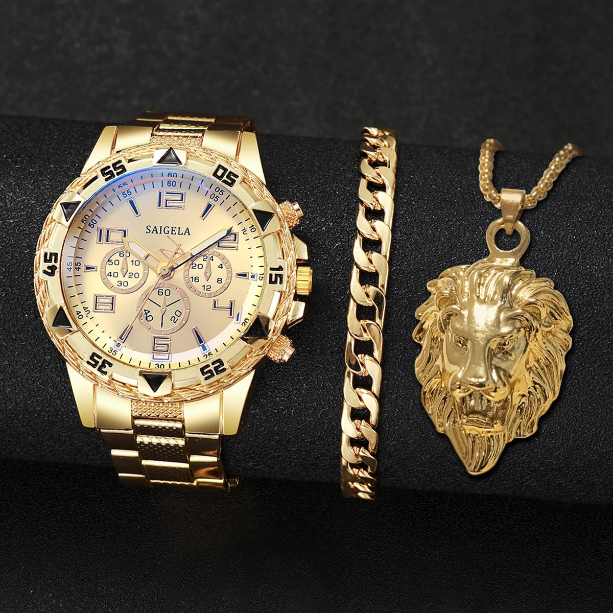 3PCS/Set Fashion Steel Band Men's Watches Arabic Dial Man Business Watches Jewelry Set Relogio Masculino（Box Not Included ）