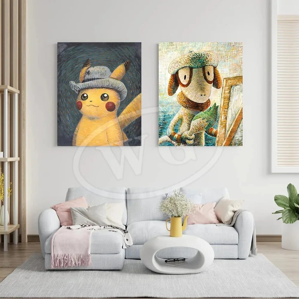 Van Gogh Museum Pocket Monster Anime Character Pikachu Canvas Painting Poster Living Room Bedroom Decoration Christmas Gift