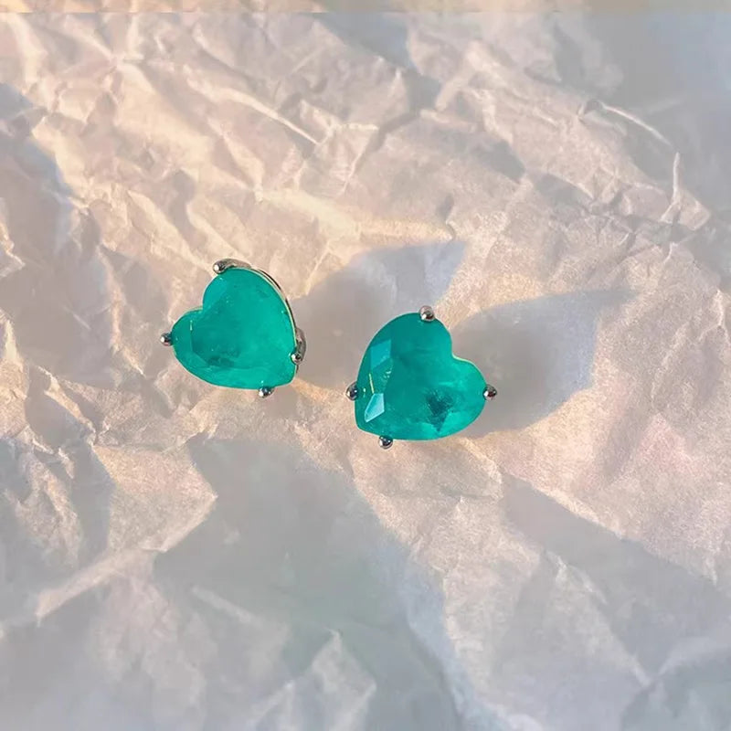 Luxury Silver Color Paraiba Tourmaline Gemstone Heart Necklace Earring for Women Wedding Dinner Party Jewelry Anniversary Gift