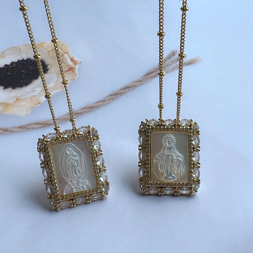 Natural Mother Pearl Shell Virgin Mary Guadalupe San Benito Charm Necklace Rectangle Religious Medals Necklace for Women & Gift