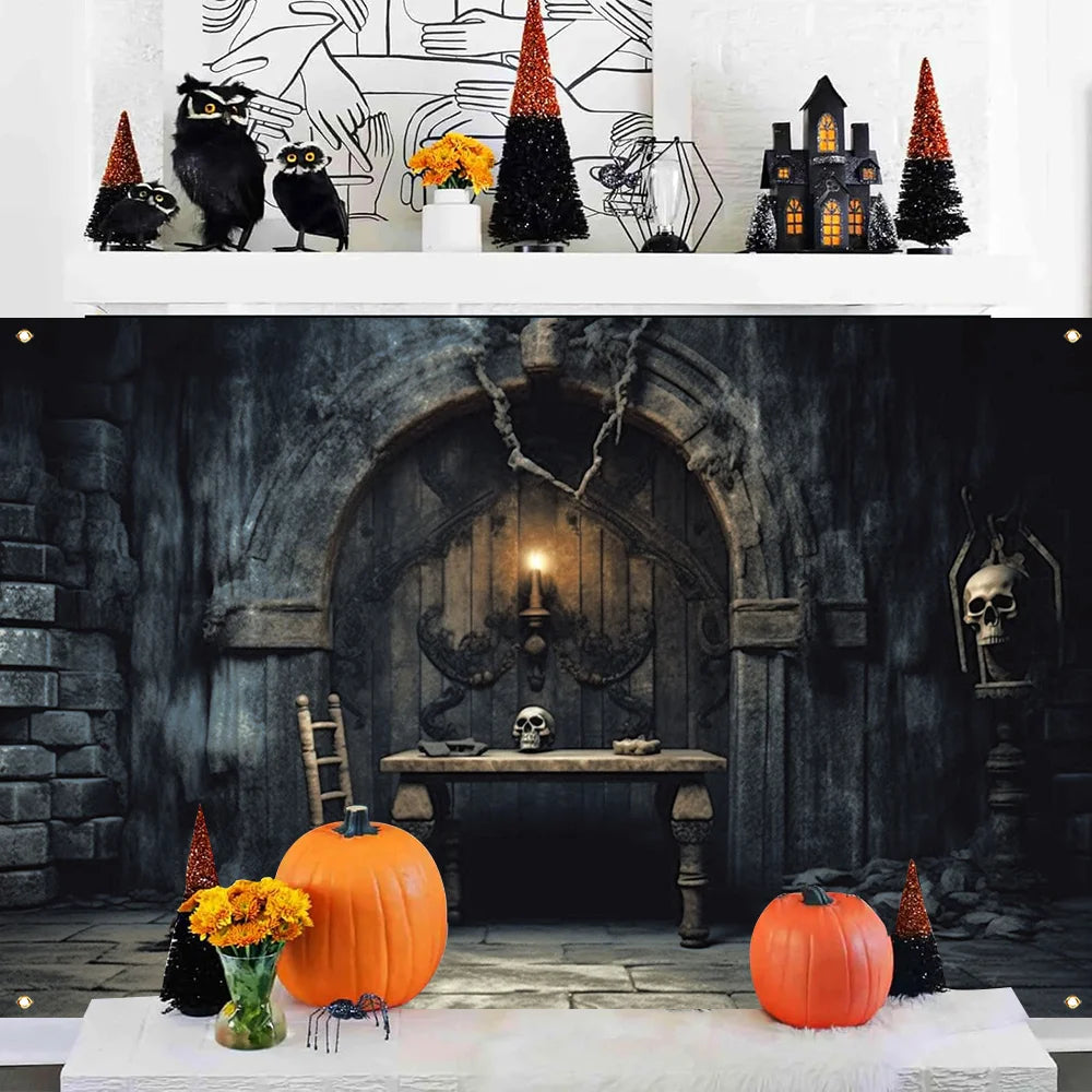1 piece, Halloween polyester decorative banner, retro dungeon photography background cloth, Halloween happy horror thriller