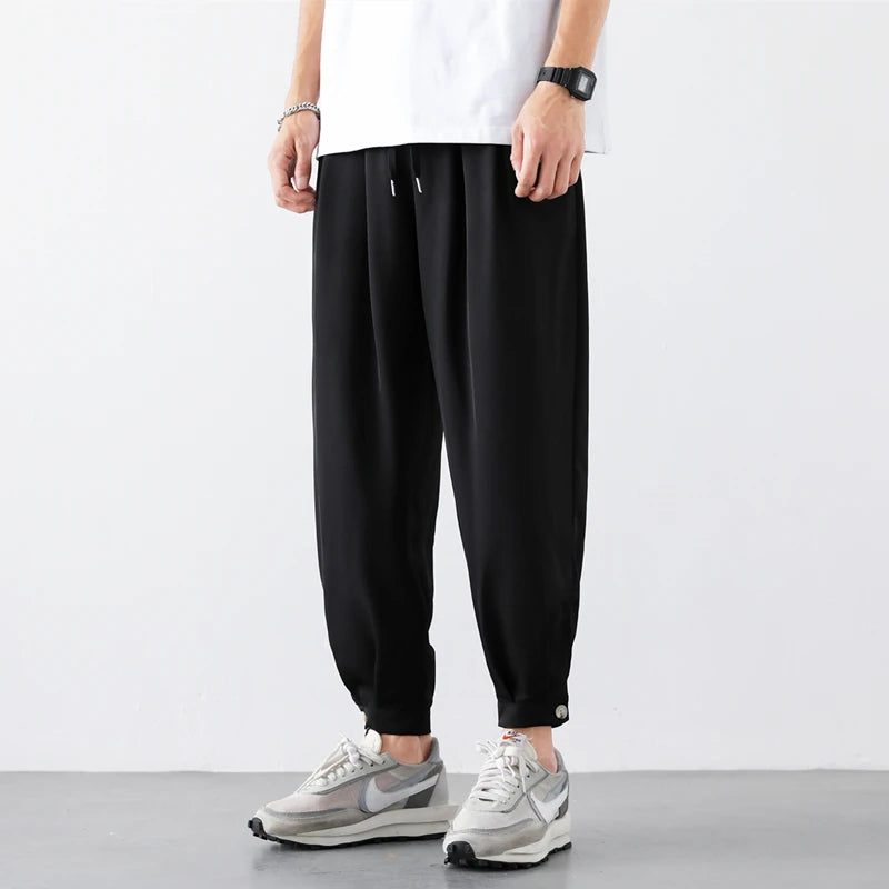 M-5XL Summer New Men's Pants Solid Color Legged Pants Casual Shorts Thin Ice Silk Cool Dry Nine Cent Pants