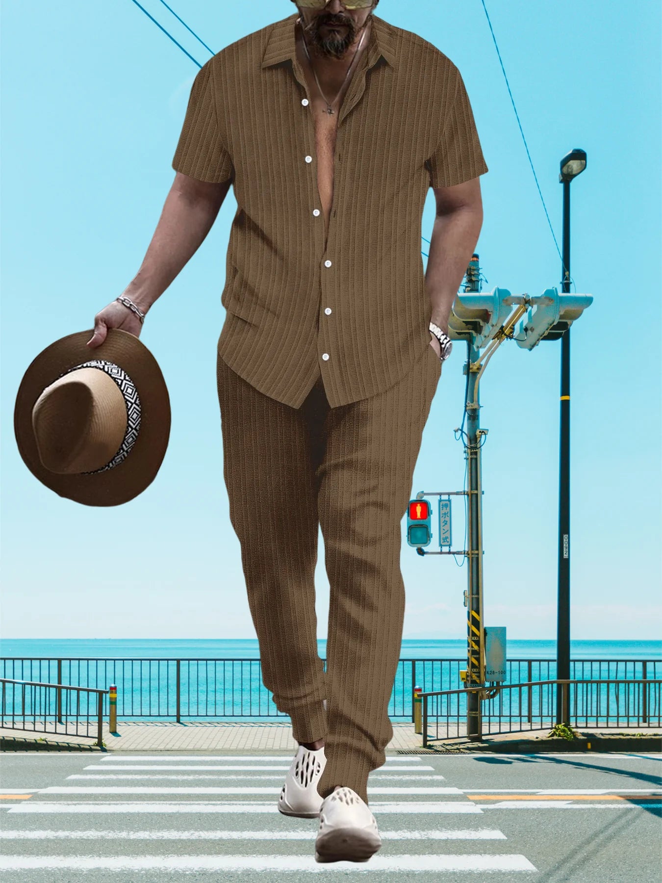 Ultra-thin Ultra-light Summer Men's Shirt Casual Loose Short Sleeve + Trousers Beach Suit Surf Casual Solid Color Lapel Suit