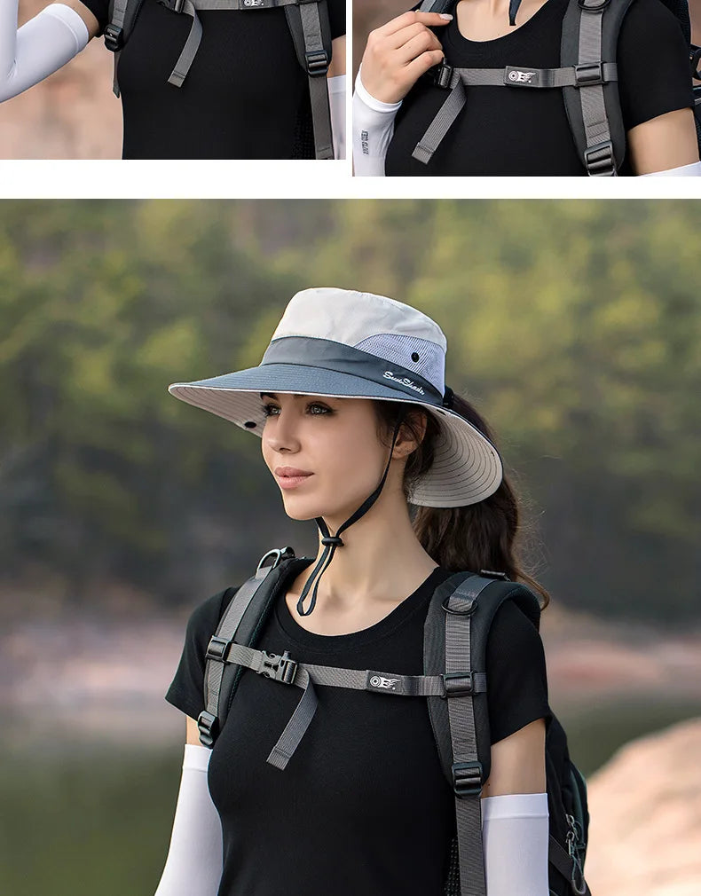 Women Summer Adjustable Bucket Hat with a Ponytail Hole Girls Sun Protection Hiking Cap Parent-child Outdoor Wide Brim Headgear