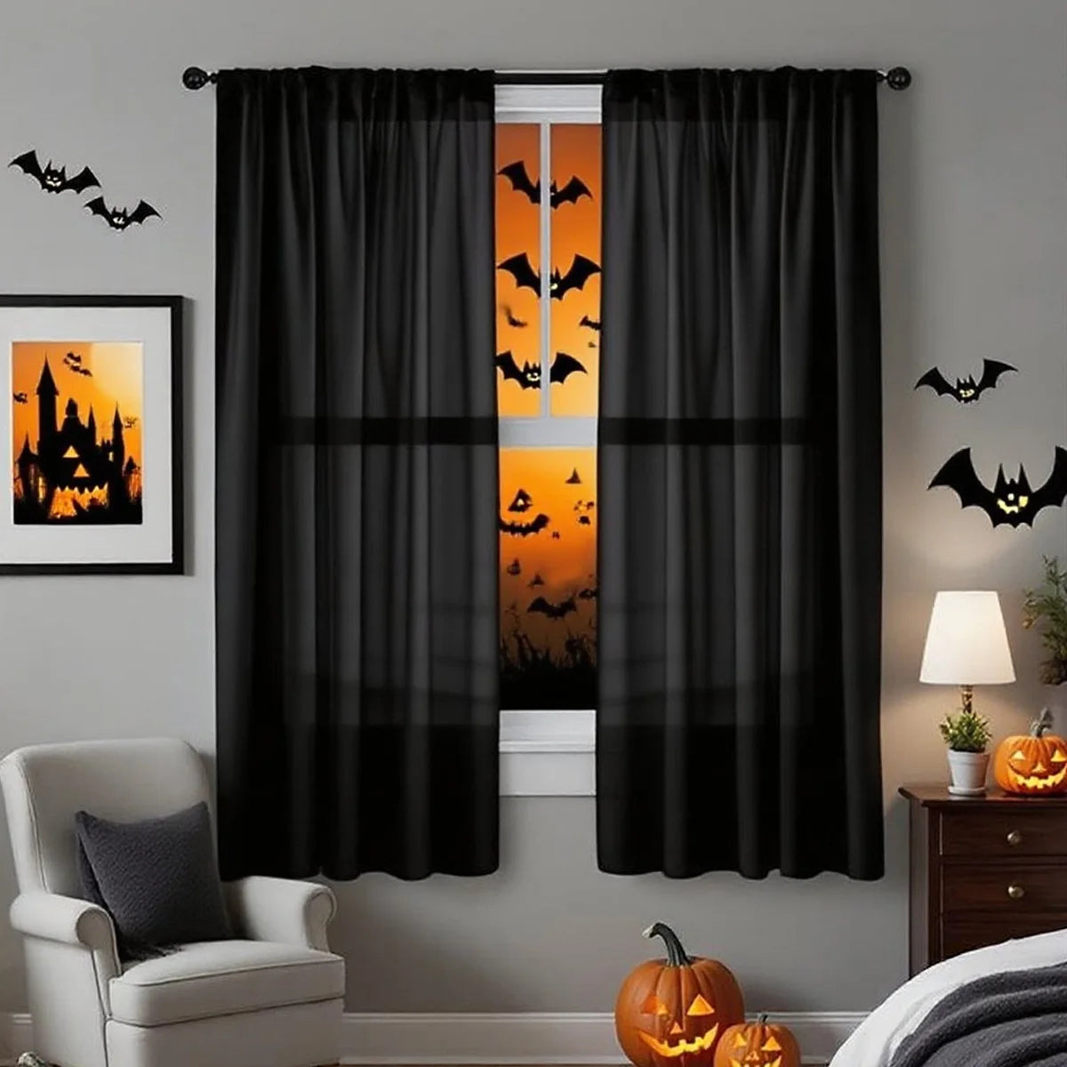 Halloween Ghost Day Holiday Celebration Decoration Orange Black Gauze Threaded Bar Curtain Sheet for Living Room Bedroom Window