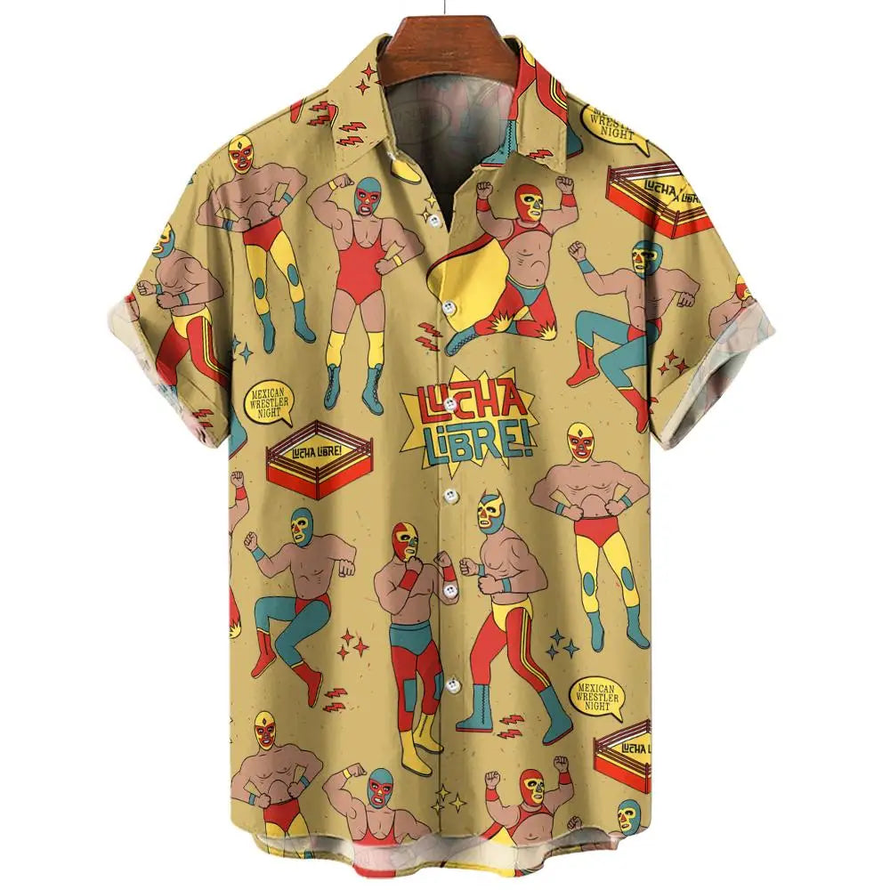 New Retro Men's Shirt 3d Mexican Wrestling Print Short Sleeve Shirt Fashion Man Clothing Loose Oversized Hawaiian Shirts For Men