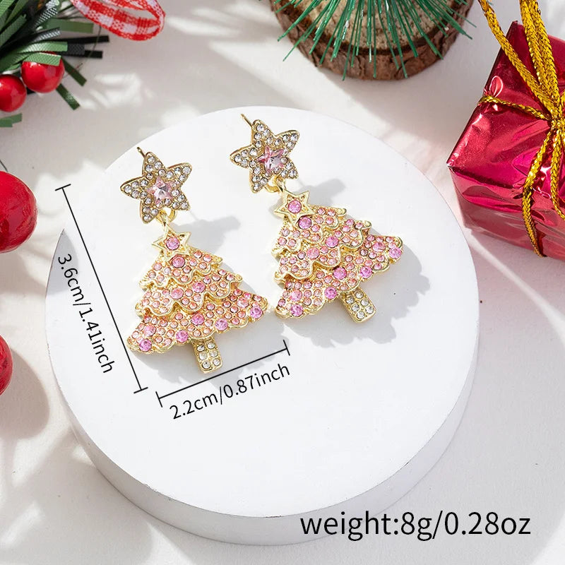 Shiny Pink Colorful Christmas Tree Zircon Crystal Earrings For Women Star Silver Color Stud Dangle Jewelry Xmas Party Gift