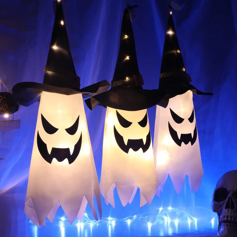 Halloween Courtyard Decorations LED Flashing Wizard Hat Lights Hanging Ghost Halloween Party Decorations Home Bars Horror Props