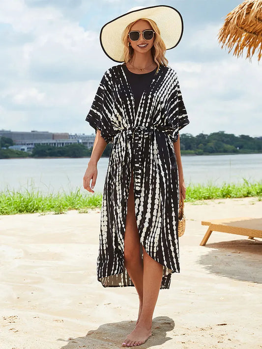 2023 Bikini Cover-ups Black Retro Striped Self Belted Women Summer Clothing Kimono Dress Beach Wear Swim Suit Cover Up Q1225