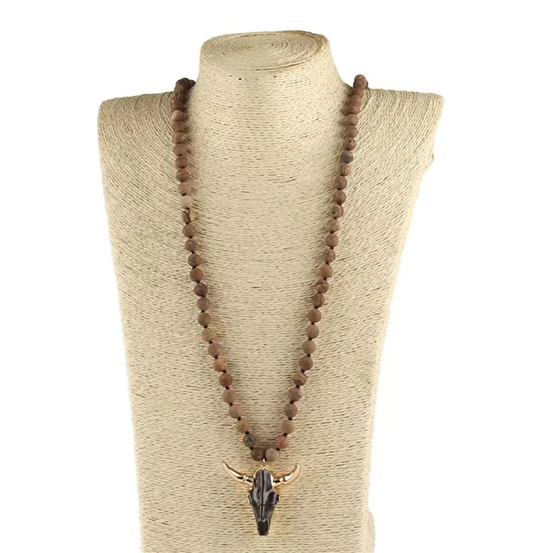 Fashion Bohemian Jewelry  Long Knotted Stone Beads 3 Color Horn Pendant Necklace For Women Ethnic Necklace