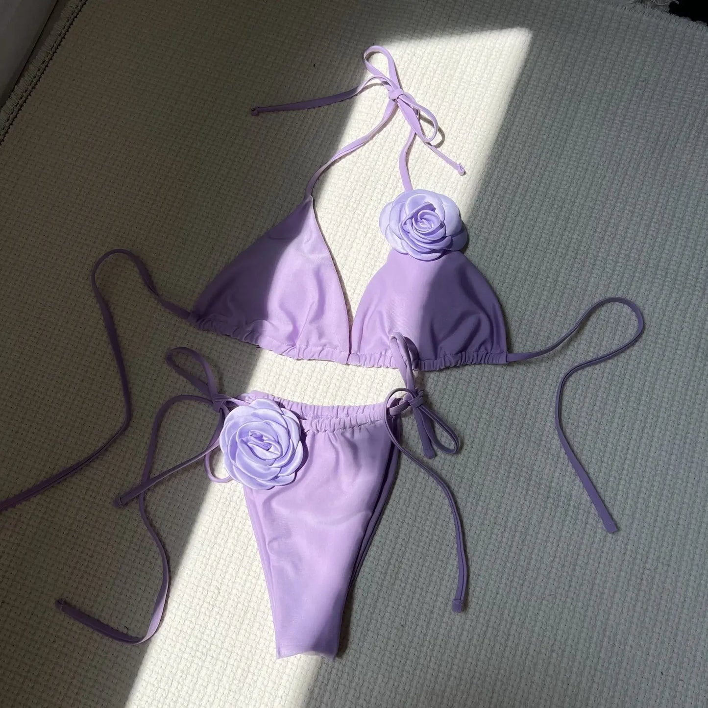 Sexy 3D Flower Black Triangle Bikinis Sets Micro Thong Swimsuit Women String Halter Bathing Suit Bikini 2025 Mujer Biquinis Swim