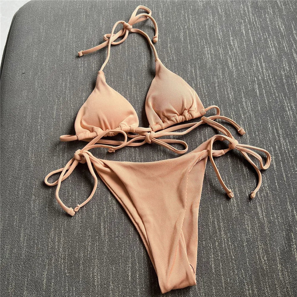Brown Ribbed Swimwear String Halter Triangle Micro Bikini Thong Sexy Swimsuits Women Lace-up Bathing Suit Biquinis Bikinis Sets