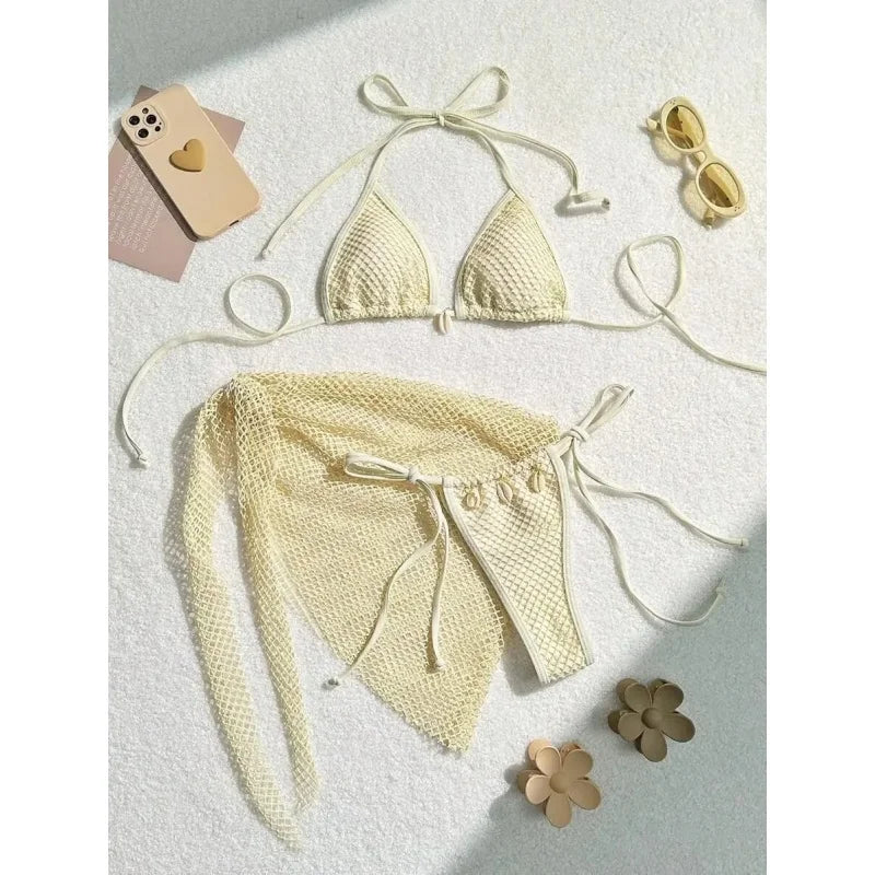 Sexy Bikinis Swimsuits Women 3 Piece Spliced Triangle Halter Backless Bikini Set Bandage Cover Up 2025 New Vacation Beachwear