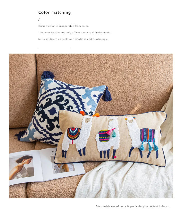 Nordic Ethnic Style Cushion Cover Cotton Moroccan Handmade Embroidery Cotton Tassel Throw Pillow Cover Living Room Home Decor