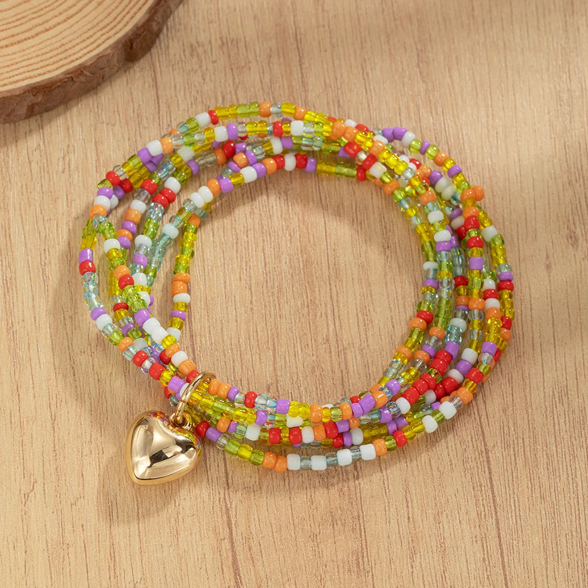 Rainbow Crystal Multilayers Heart Anklet Sets For Women Rice Beads Chain Ankle Bracelet Elastic Rope Beach Foot Accessories