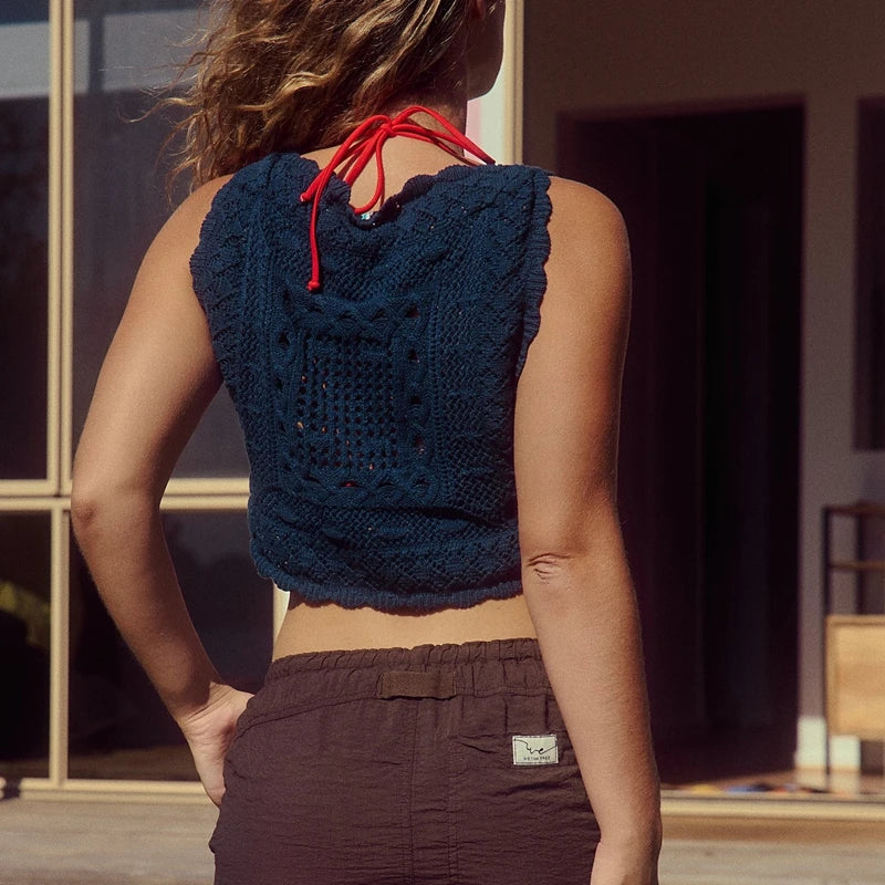 Combhasaki Women Summer Y2K Square Shaped Knitted Crop Tank Tops Irregular Hem Hollow Out See-through Pullover Sweater Vest