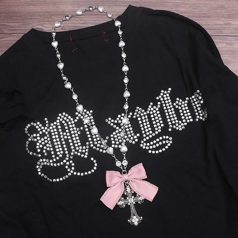 Lolita Style Accessories Beads Fashion Jewelry Handmade Necklace Rhinestone Cross Love Chain Long Necklace for Women