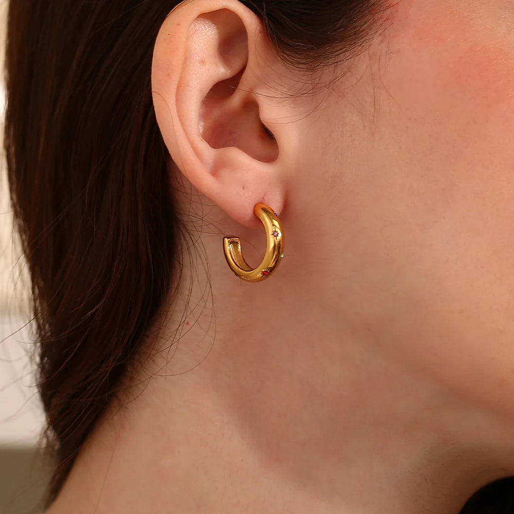 E B belle Official Store Stainless Steel Green Colorful 3A Zircon Stone Paved Hoop Earrings For Woman Golden Earring