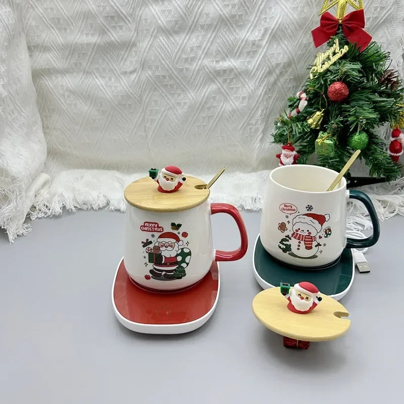 2025 Christmas Gift Set: Warm 55℃ Ceramic Mug with Lid featuring Santa Claus for Office or Home Use