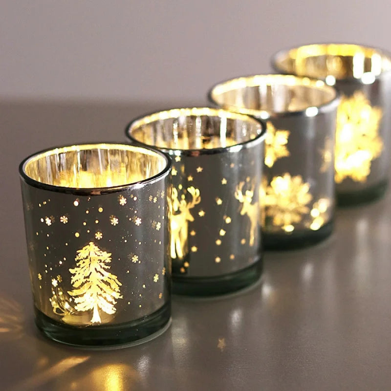 1pc Mini Christmas Tree Elk Candle Cup Snowflake Glass Candle Holder Christmas Gift Store Home Dining Table Decoration Ornament
