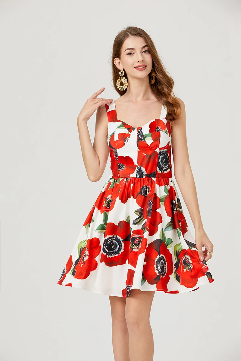 2024 Summer Fashion Short Boho Dress Women Mini Floral Print Dress Female Sleeveless Hanging Belt Printed Waist Folded Dress
