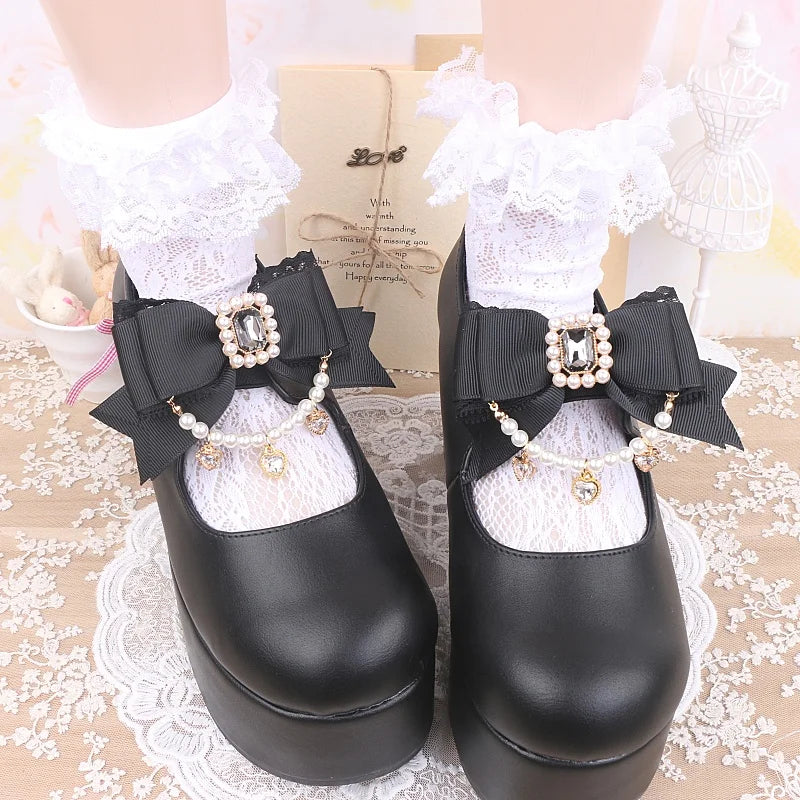 Jirai Kei Style Mine Lace Splicing Bow Shoes Accessories Lolita Beaded Heart Rhinestone Bow Shoe Clip Mary Janes Buckle