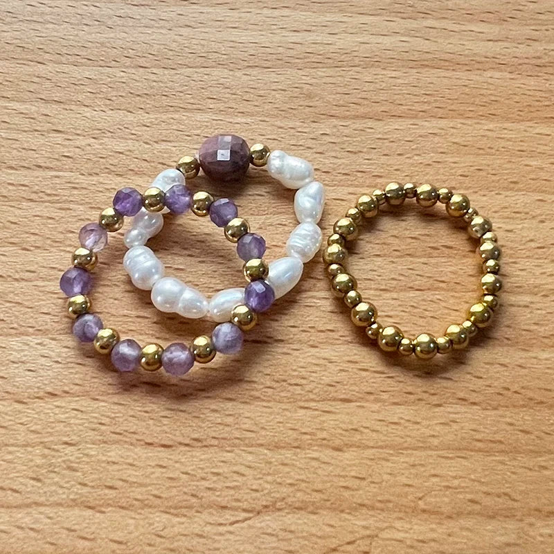 Boho Purple Tourmaline Ring Sets For Wedding Fashion Handmade Jewelry Freshwater Pearl Women Rings Stainless Steel