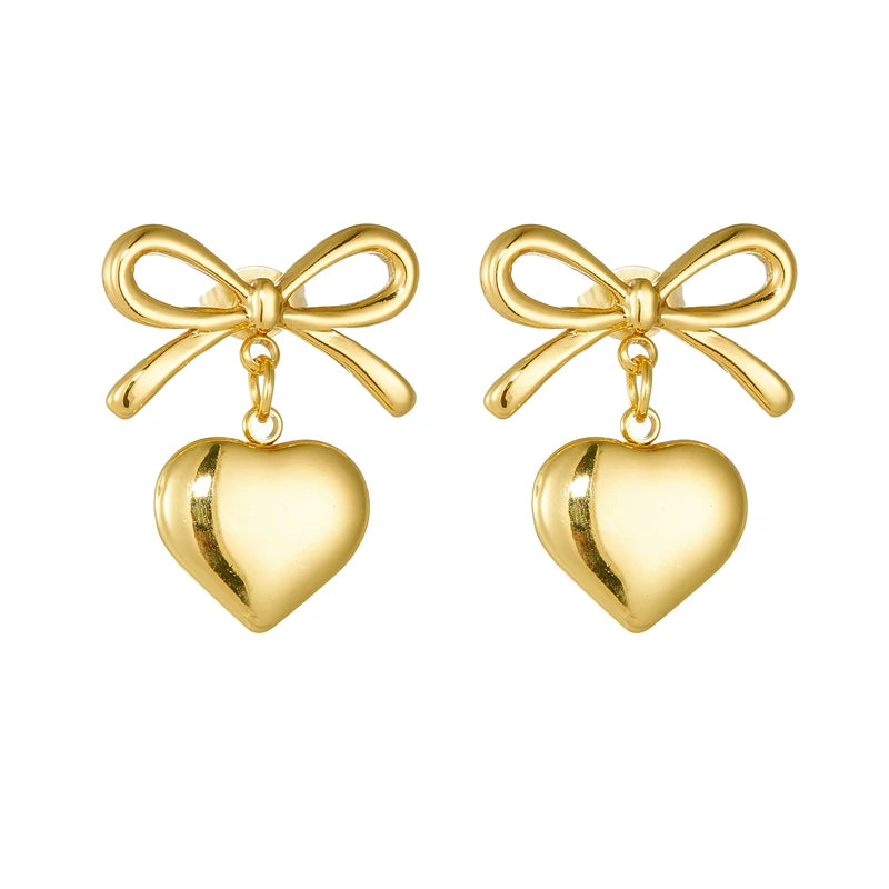 DIEYURO 316L Stainless Steel Gold Color Bow Heart Earrings For Womans New Fashion Exquisite Ear Accessories Jewelry Party Gifts