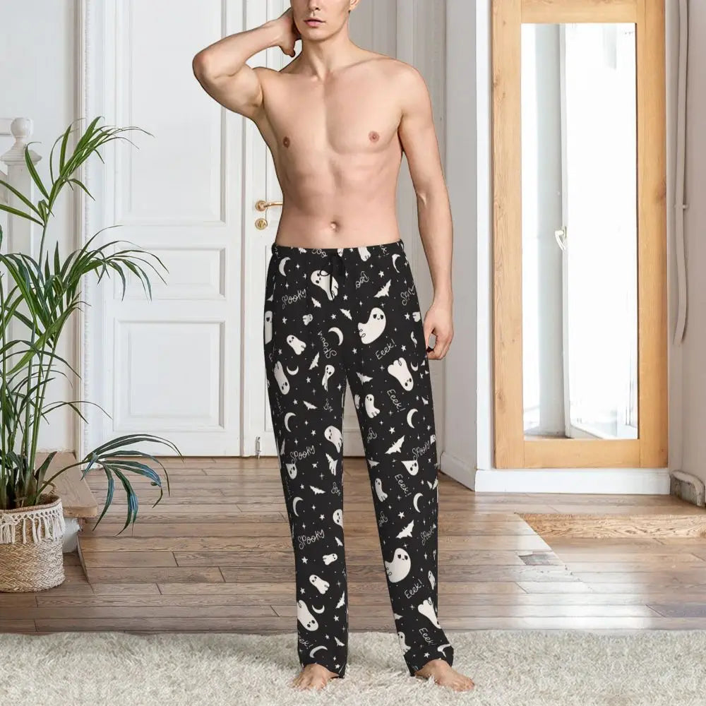 Custom Cute Spooky Halloween Bats Black And Purple Pajama Pants for Men Lounge Sleep Drawstring Sleepwear Bottoms with Pockets