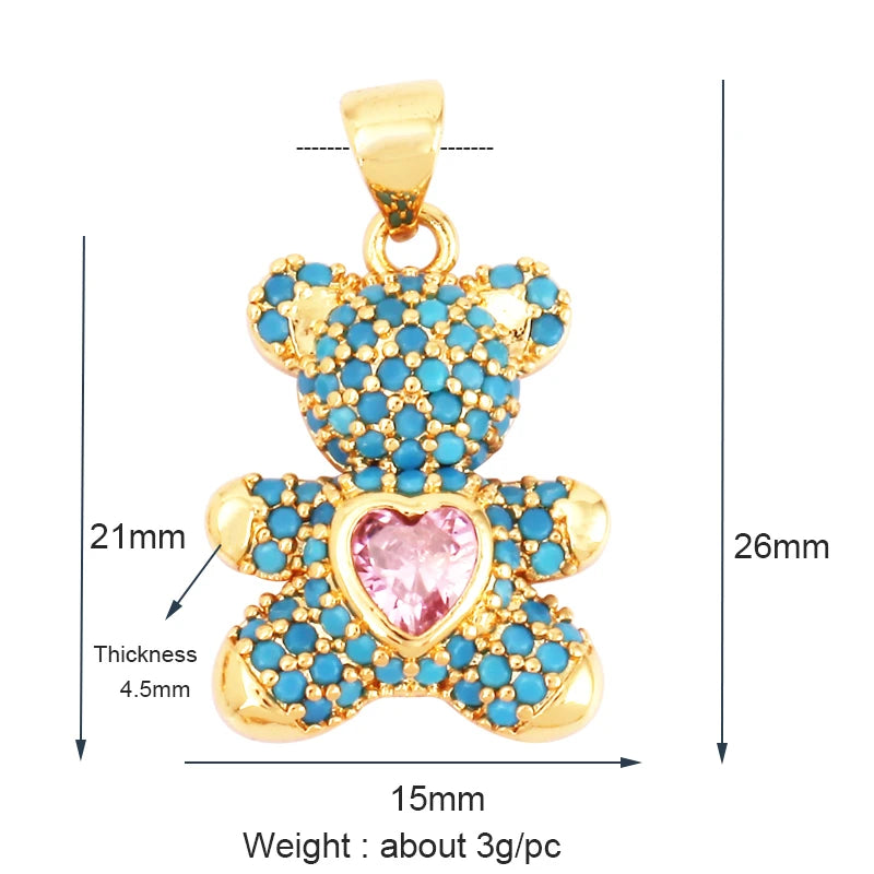 Luxury Fine Inlaid Rainbow Cubic Zirconia Charm Pendant,Cute Bear Jewelry Necklace Bracelet Making Wholesale Supplies M85
