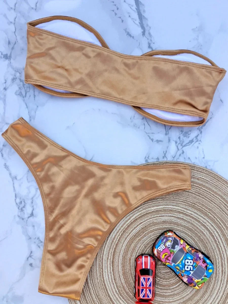 Shiny Bandeau Bikinis 2025 Strapless Bikini Female Swimsuit Women Swimwear Two-pieces Bikini Set High Cut Bathing Suit Swim Lady