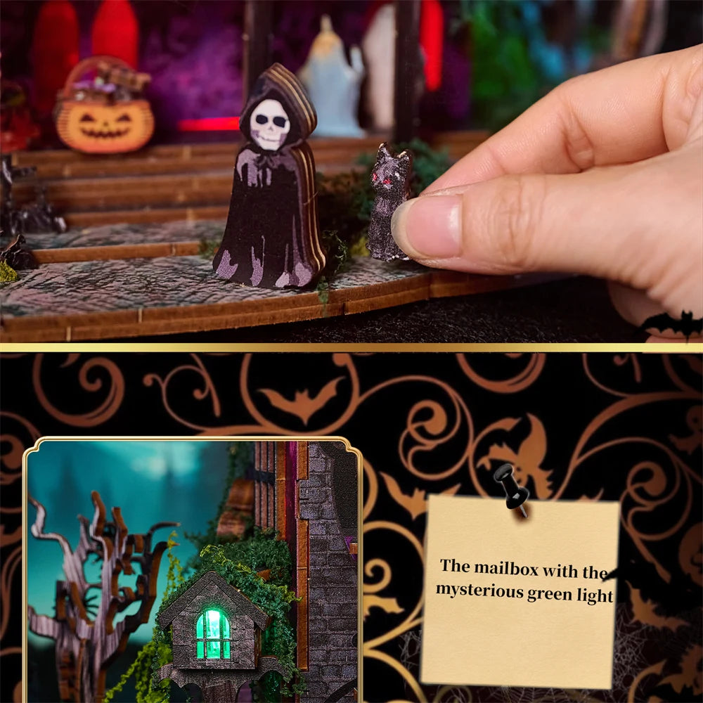Retro DIY Wooden Halloween Night House Figurines Miniatures Kits With LED Lights Home Desk Decoration For Adult Handmade Gifts