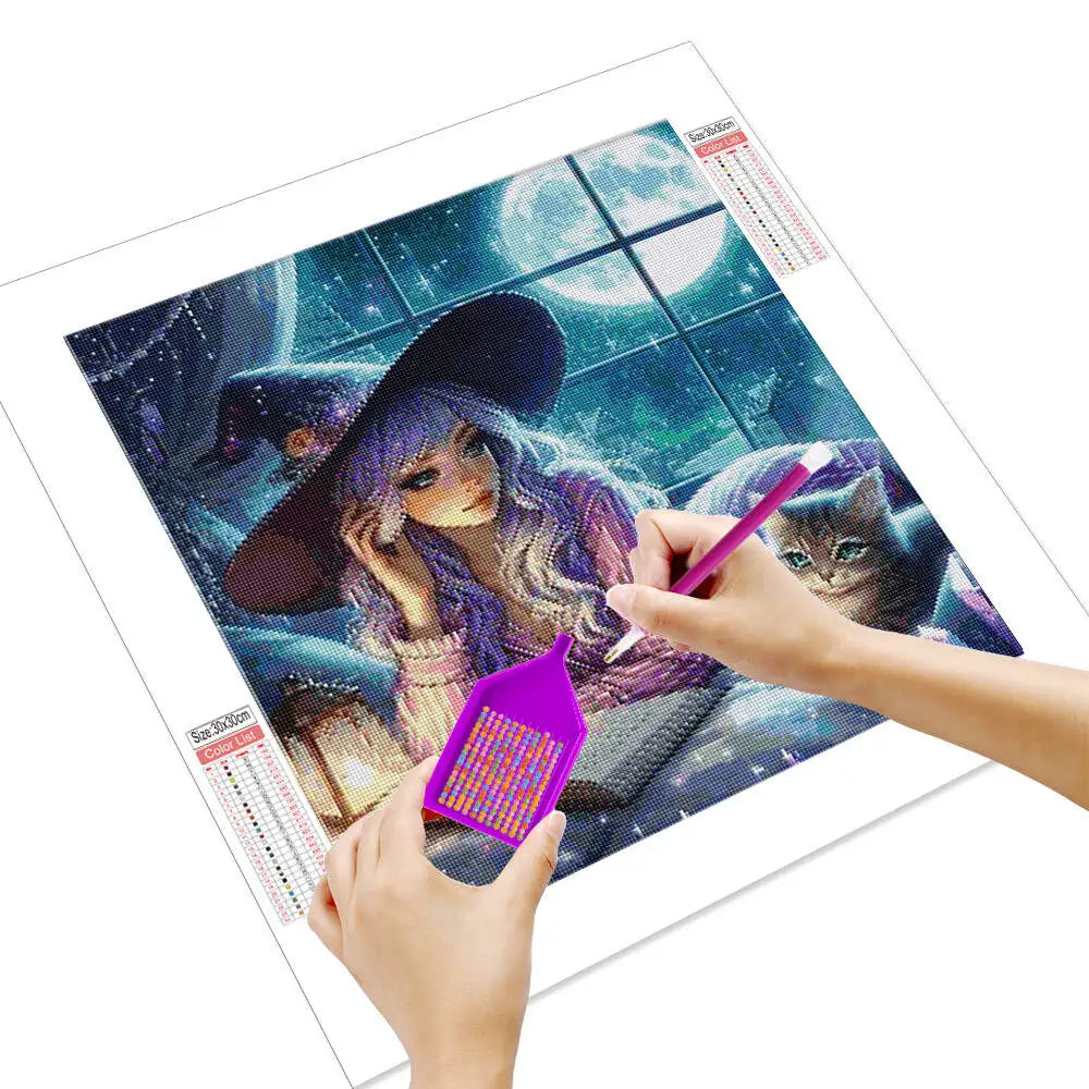 Huacan 5D Girl Cat Diamond Painting Halloween Book Window Moon Full Square Round Drill Diamond Mosaic Decorative Paintings