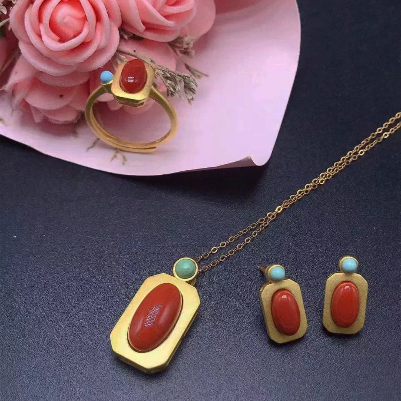 Exquisite artistic style Southern red tourmaline square rings for women inlay turquoise Simple charm jewelry adjustable