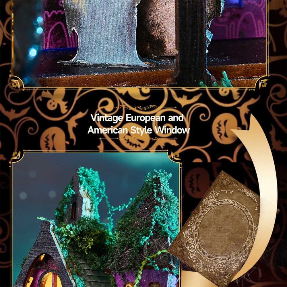 Retro DIY Wooden Halloween Night House Figurines Miniatures Kits With LED Lights Home Desk Decoration For Adult Handmade Gifts