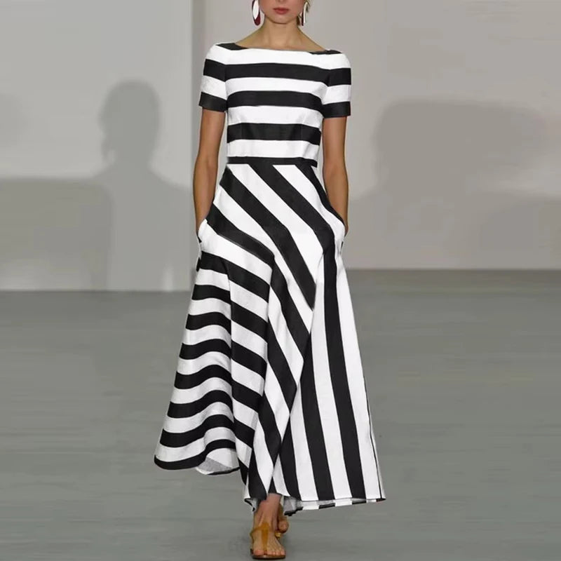 Summer Short Sleeve Long Dress Women Fashion Striped Printed A-Line Party Dresses For Women Casual Sundress