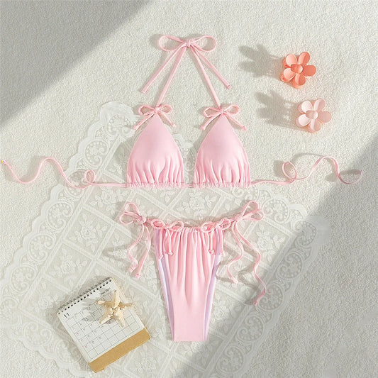 Pink Bow Swimwear String Halter Triangle Micro Bikini Thong Sexy Swimsuit Women Lace-up Wrinkled Bathing Suit Mini Bikinis Sets