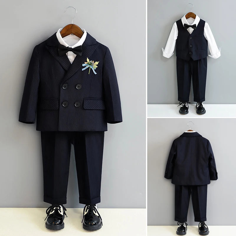 Kids Ceremony Attire blue Fashion Stripe Piano Performance Tuxedo Boys Wedding Suit Formal Children School Uniform Blazer Set