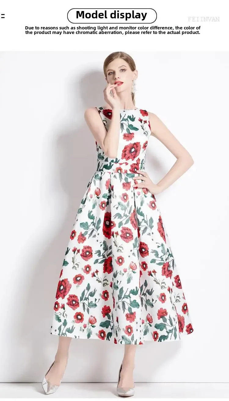 Summer New Long Floral Print Dress Big Hemline Slimming Fashionable Umbrella Skirt Style Sleeveless Women's Dress