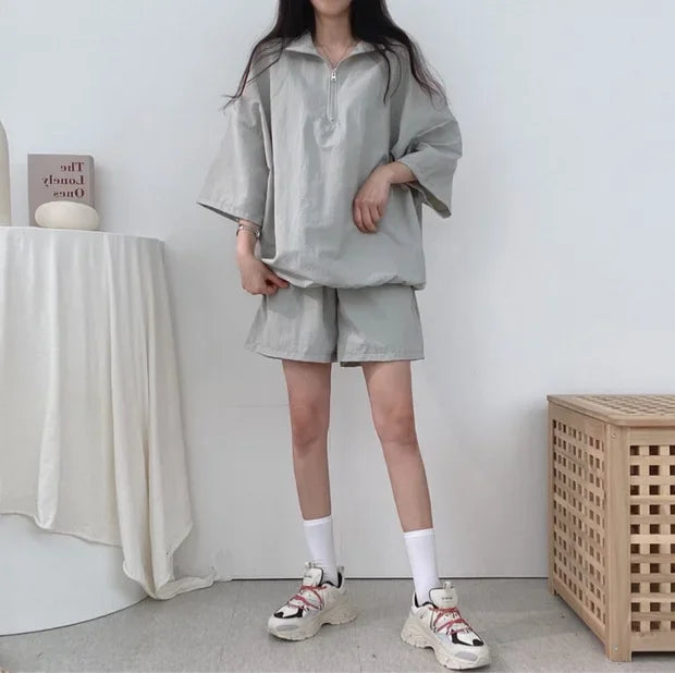 Korean Style Women's Summer Casual Sports Sun Protection Suit Two-Piece Set Workwear Jacket Shorts Polyester Fiber