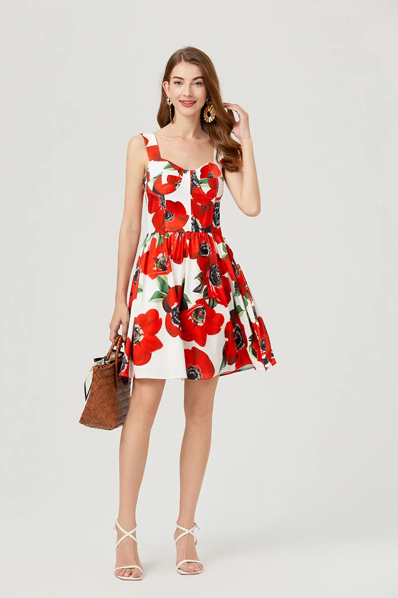 2024 Summer Fashion Short Boho Dress Women Mini Floral Print Dress Female Sleeveless Hanging Belt Printed Waist Folded Dress