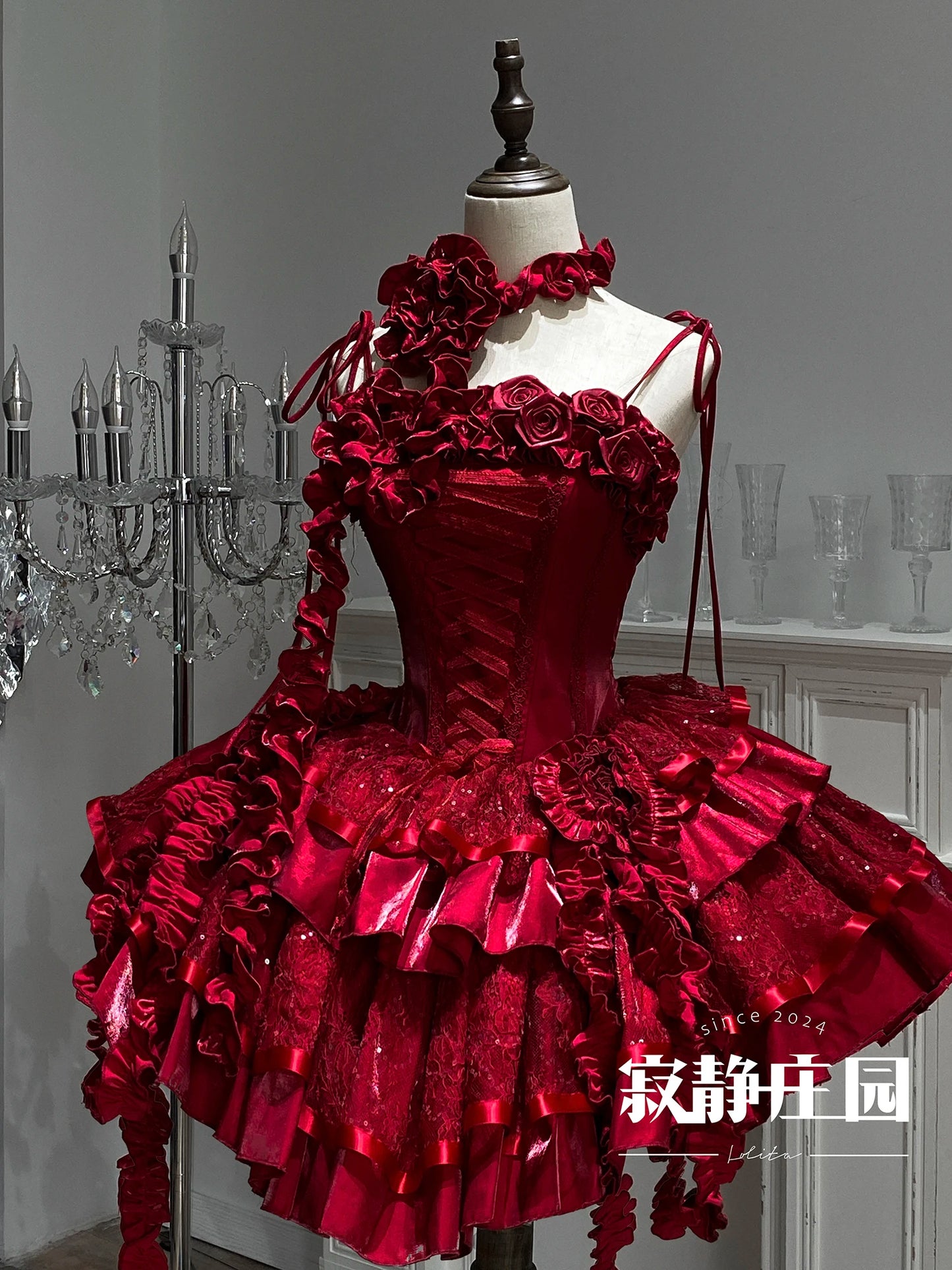 Original Lolita Dress New Christmas New Year Goth Red Fish Bone Jsk Dress Halloween Cosplay Dark Blue Slim Sling Short Dresses