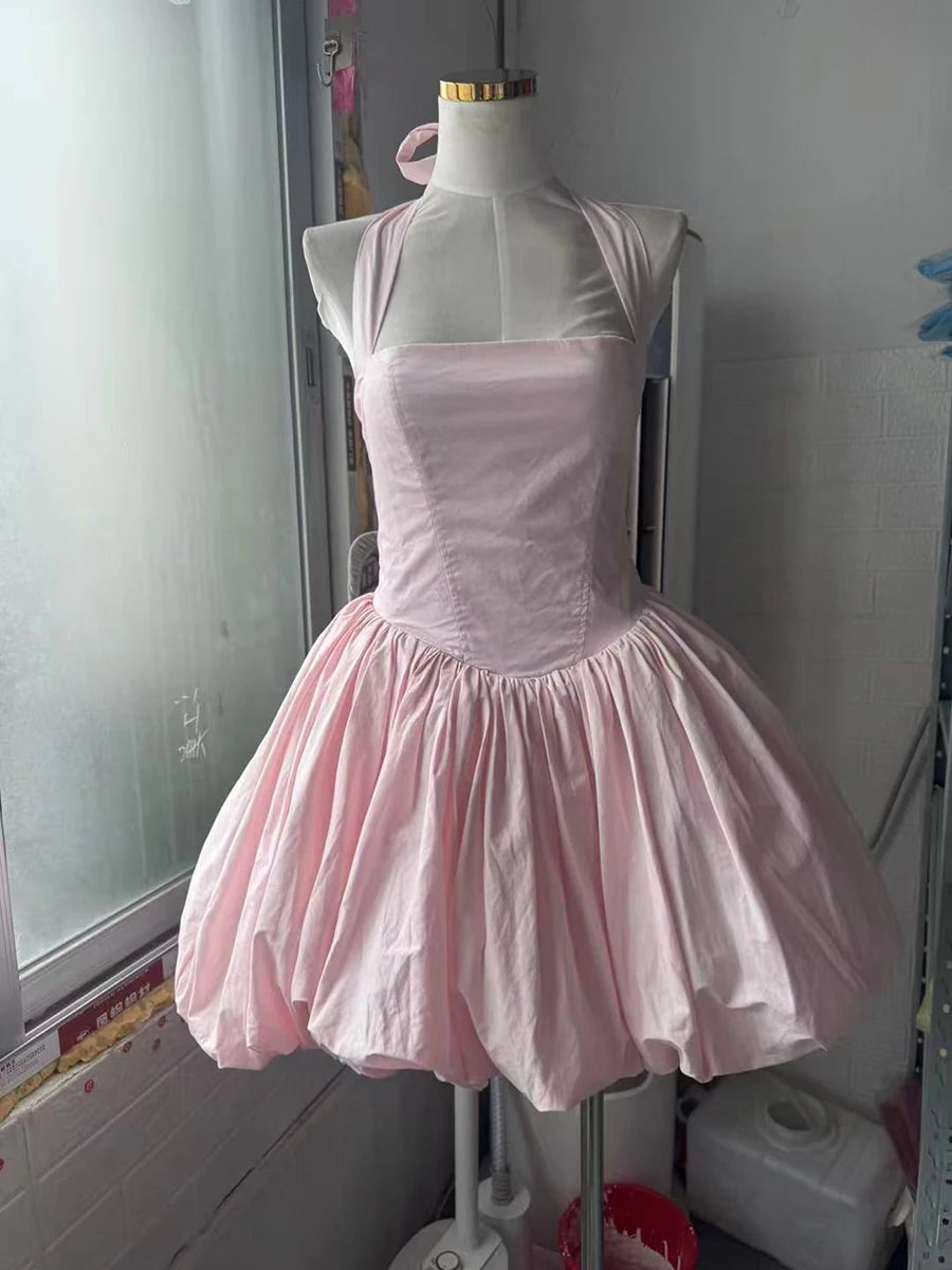 VGH Sexy Temperament Tunic Ball Gown for Women Halter Sleeveless Patchwork Lace Up Short Prom Dresses Female Clothing Fashion