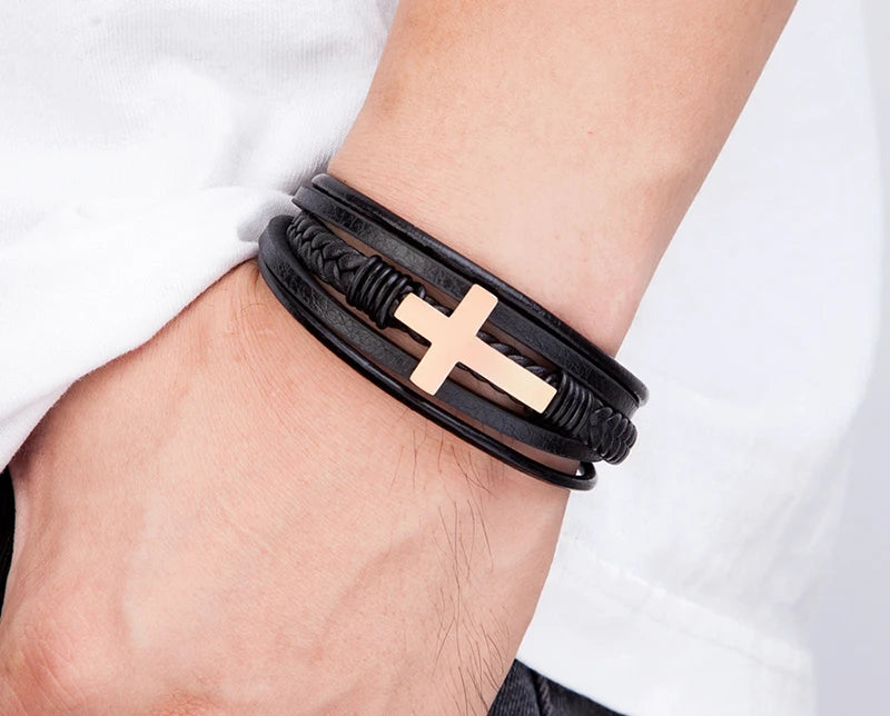 Men's Cross Bracelets Luxury Design Stainless Steel Bangles Classic Leather Bracelet Men Accessories Wrist Band Male Gift