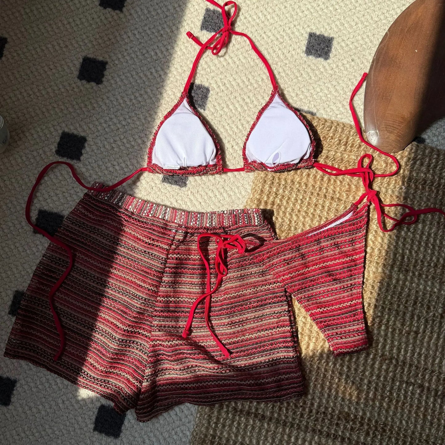 sexy knitted striped halter tie bikinis sets three pieces with shorts swimsuits beachwear bathing suit swimwear biquini tankini