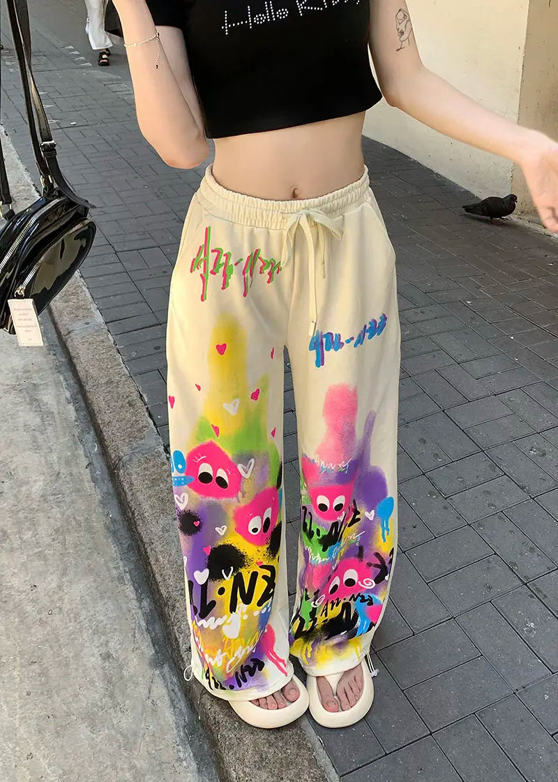 Kawaii Cute Dopamine Graffiti Casual Pants Women Tie Dye Summer Elastic High Waiste Drawstring Pockets Loose Wide Leg Trousers